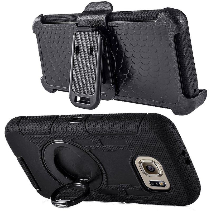 Compatible for Samsung Galaxy S7 Edge Case (Not for S7), PlusMall Rugged Shockproof Hybrid Protective Case Back Cover with Swivel Belt Clip Hard Holster Defender Case Ring Rotating Kickstand (Black) - Image 2
